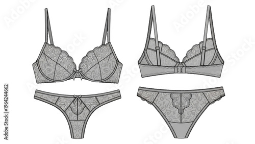Vector CAD design style illustration of lingerie set including bra and panties