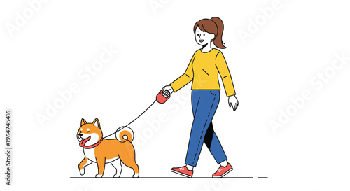 Simple line art illustration of a young woman in casual clothes walking her happy shiba inu dog on a leash outdoors.