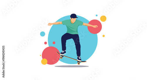 Young man in a cap doing a trick on a skateboard, captured mid-air against a background of colorful abstract circles.