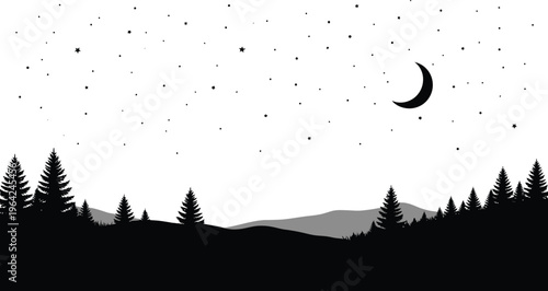 A serene night landscape with a crescent moon and stars