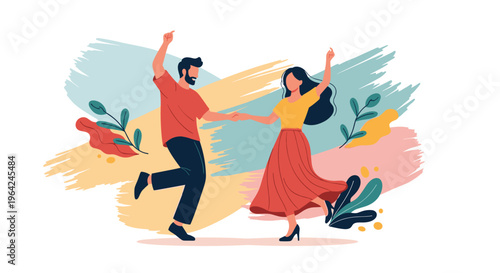 Happy, stylish young couple dancing together against a colorful abstract background of brush strokes and tropical leaves.