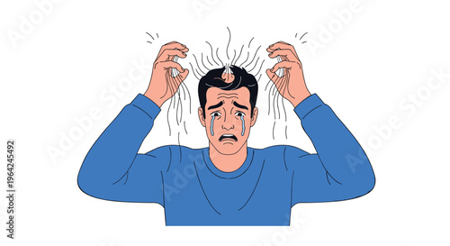 Distraught and crying man pulling at his hair in frustration over hair loss, with strands falling out around his head.