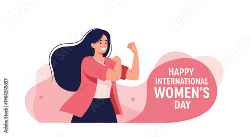 Happy International Women's Day card featuring a strong, smiling woman flexing her bicep in a symbol of female empowerment.