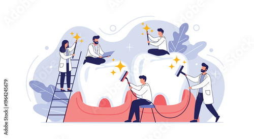 Team of tiny dentists working together to clean, polish, and care for giant healthy teeth, a concept for dental health.