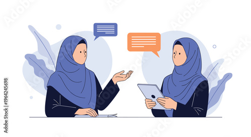 Two muslim women in hijabs having a business meeting or conversation, one talking and the other using a tablet.