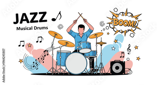 Jazz music poster with a drummer playing a set, surrounded by musical notes and a 'BOOM!' comic book style explosion.