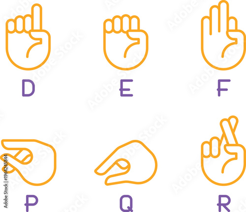 American sign language alphabet hand shapes for letters d, e, f, p, q, and r