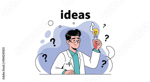 Male scientist or inventor in a lab coat having a bright idea, represented by a lightbulb in a test tube.