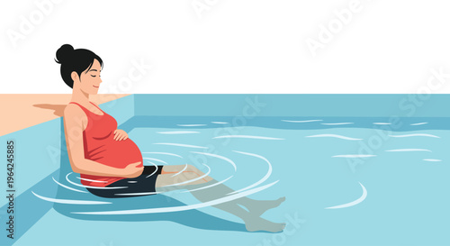 Happy and relaxed pregnant woman sitting in a swimming pool, enjoying gentle water exercise for prenatal health and wellness.