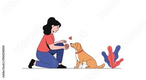 Young woman kneeling and playing with her cute beagle dog, holding a red ball, showing love and friendship with a pet.