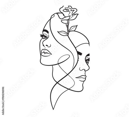 Elegant continuous line art capturing the serene duality of feminine beauty, intricately interwoven with a delicate rose, symbolizing connection and grace