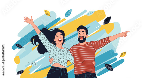Joyful young couple celebrating with arms outstretched against a dynamic abstract background of colorful brush strokes and leaves.