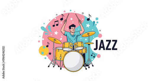 An energetic young man playing a drum set with passion, surrounded by colorful musical notes and stars, with the word JAZZ in bold letters.