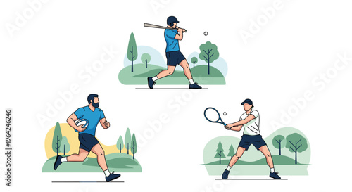 A collection of three illustrations showing athletic men engaged in different sports: playing baseball, running with a rugby ball, and hitting a tennis ball.