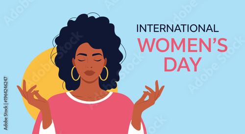 A beautiful Black woman with eyes closed in peaceful meditation, celebrating International Women's Day with a calm and confident demeanor.