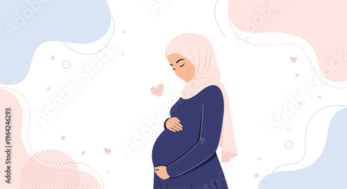 A gentle illustration of a pregnant Muslim woman in a hijab tenderly holding her baby bump against a soft, abstract pastel background.