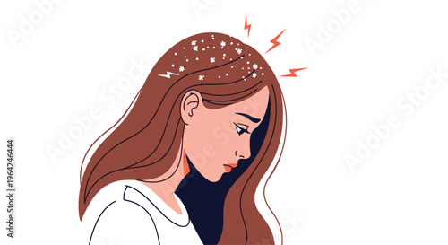 A sad young woman with long brown hair suffering from a scalp problem, with visible dandruff flakes and red lightning bolts indicating irritation.