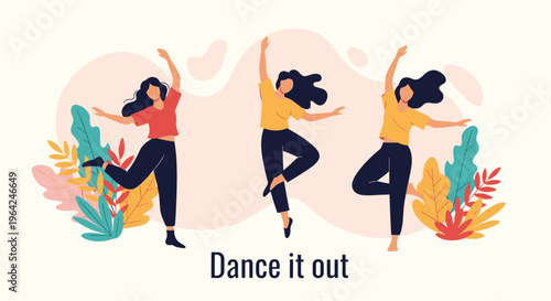 Three dynamic poses of a happy young woman dancing freely among colorful plants and leaves, with the motivational text 'Dance it out'.