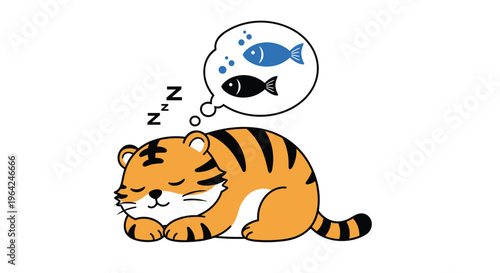 A cute cartoon baby tiger sleeping peacefully and dreaming of eating fish, which appear in a thought bubble above its head with Z's.