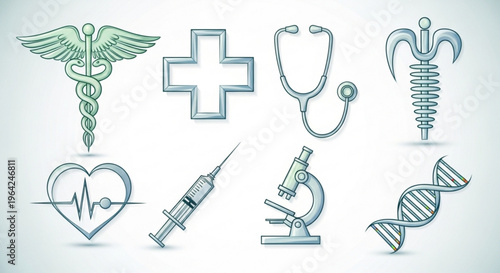 Medical icons set including stethoscope syringe dna and heart rate on white background for healthcare concepts