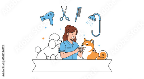 A professional female pet groomer taking care of a poodle and a shiba inu, with grooming tools and a blank banner below.