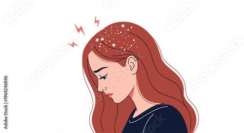 A profile view of a sad young woman with long red hair, looking down with concern at the dandruff flakes on her head.