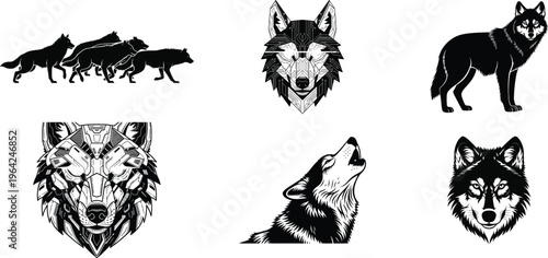 Collection of wolf illustrations and tribal designs
