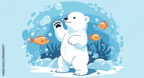 A cute and happy baby polar bear waving its paw while standing in the arctic water, surrounded by friendly orange fish and bubbles.