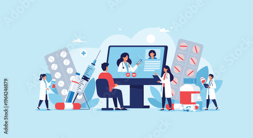 An online medical consultation concept showing a patient having a video call with a doctor, surrounded by miniature doctors, pills, and a syringe.