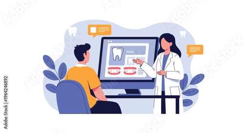 A female dentist explaining dental treatment options to a male patient, showing images of teeth and braces on a large computer screen.