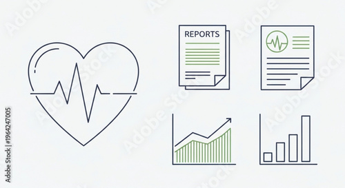 Medical reports and health analytics with heart rate icon graphs and charts for healthcare statistics and wellness monitoring