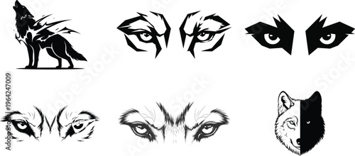 Collection of wolf face and eye illustrations in various artistic styles and expressions