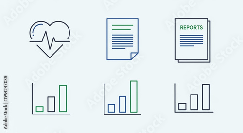 Medical and business report icons with graphs and charts on a light background representing health and finance analysis