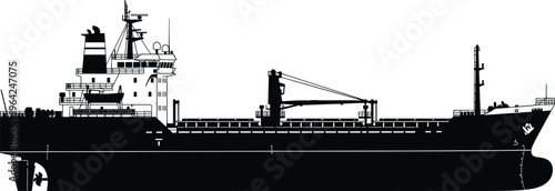 Cargo ship silhouette, freighter vessel, large hull, crane midship, ocean transport, maritime industry, global trade, shipping design, black illustration artwork