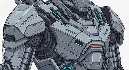 Futuristic gray robot with teal accents and metallic body standing on white background showcasing advanced mechanical design and technology