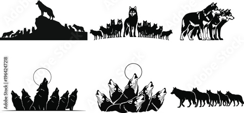 Collection of wolf and dog silhouettes in various scenes and formations