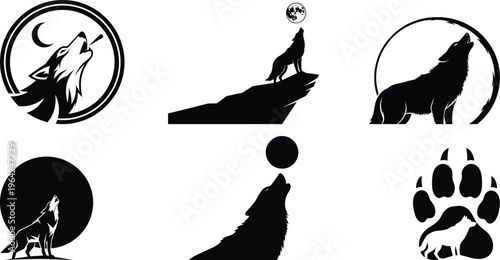 Collection of wolf silhouettes howling at the moon in various poses and styles