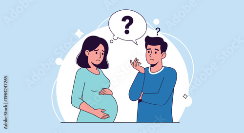Worried pregnant couple looks concerned and confused, facing questions and uncertainty about their future and parenthood together.