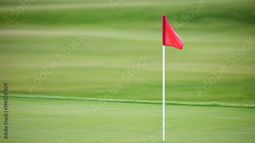 flagstick. A red and white flagstick on a green golf course in soft morning light. event key visuals, club posters, designed for sports event promotions and stadium branding.