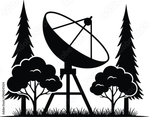 Black silhouette of a large satellite dish antenna in a forest for telecommunications signal broadcasting and remote area technology connectivity