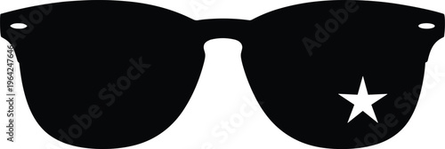 Black retro sunglasses silhouette with white star on lens, cool summer fashion eyewear vector illustration, isolated graphic design element, accessory