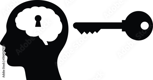 Black silhouette of a human head profile with brain keyhole and a key, isolated vector illustration for mental health concepts.