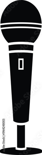 Black microphone icon silhouette on a stand for podcasting, music recording, radio broadcasting, karaoke, performance, and professional audio equipment design