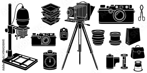 Vintage photography and analog darkroom equipment black silhouettes vector set. Retro cameras, enlarger, film development tools, and lens icons