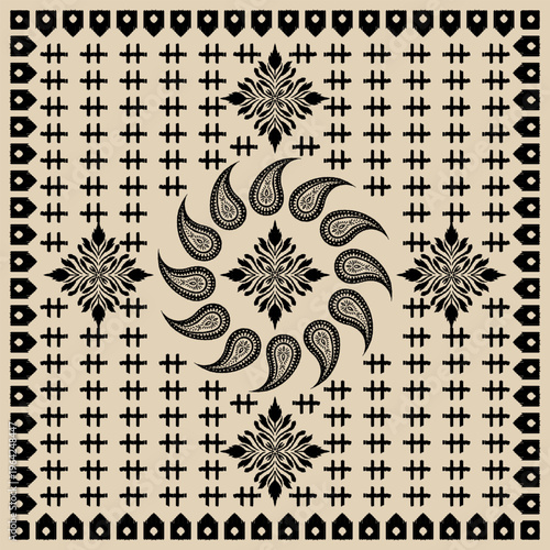 Elegant scarf pattern design. Hijab motif ornament, fabric kerchief vector wallpaper, Ornamental paisley graphic for a bandana, Geometric ornament with frame and border. Line art, lace, navajo