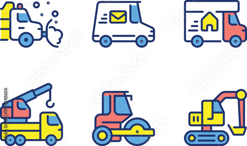 Colorful illustrations of various utility and service vehicles