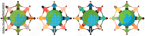 Set of Flat Vector Illustrations of People of Different Ethnicity Holding Hands Around Earth, Global Unity Concept Featuring Diversity, Inclusion, Multicultural Community and World Peace