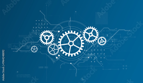 Abstract document drawing using white gears. Technological background.