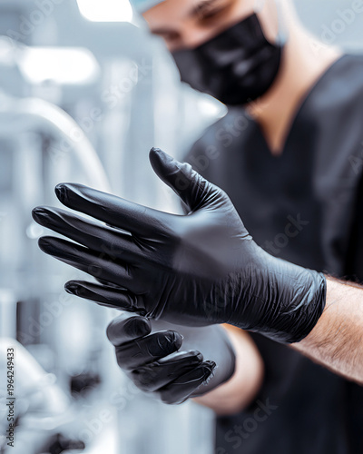 Dental surgeon and implantologist putting on black protective gloves at a clinic; focus on hands; POV from the patient
