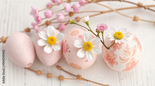 beautiful hand-painted Easter eggs in soft pastel colors with delicate cherry blossom and daisy floral patterns